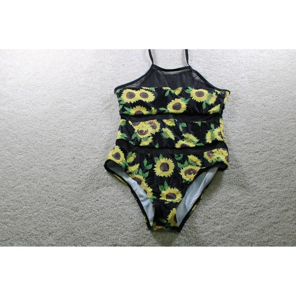 SHEIN Swimsuit Womens Small Black Yellow Sunflower One Piece Mesh Halter Sheer - Picture 1 of 4
